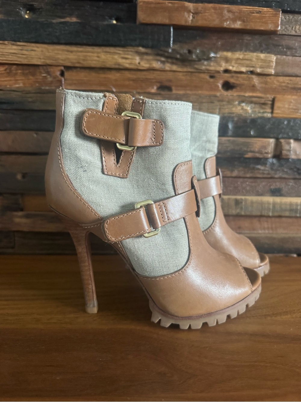 Tory Burch Tan Leather & Beige Canvas Peep-Toe Ankle Booties with Buckle Straps